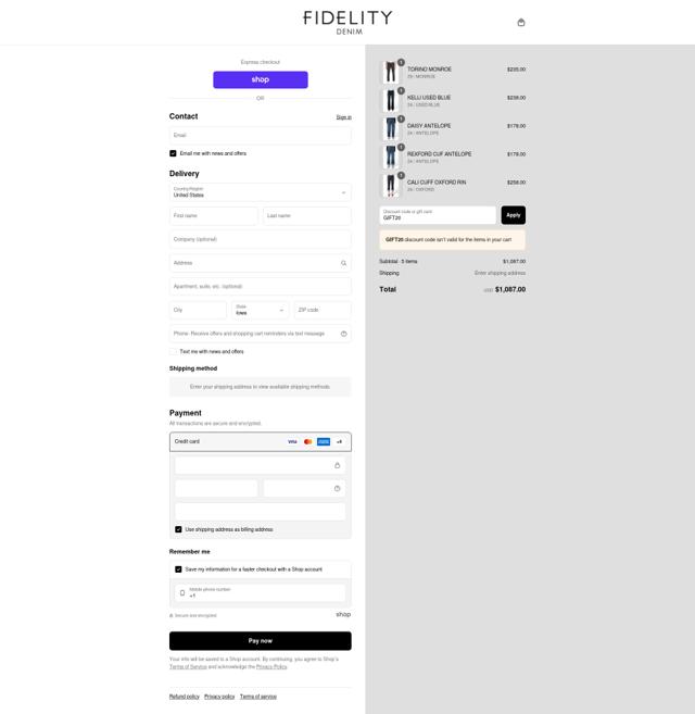 Fidelity Denim checkout page showing Fidelity Denim promo code box | Screenshot taken by SimplyCodes community member on Sep 14, 2025