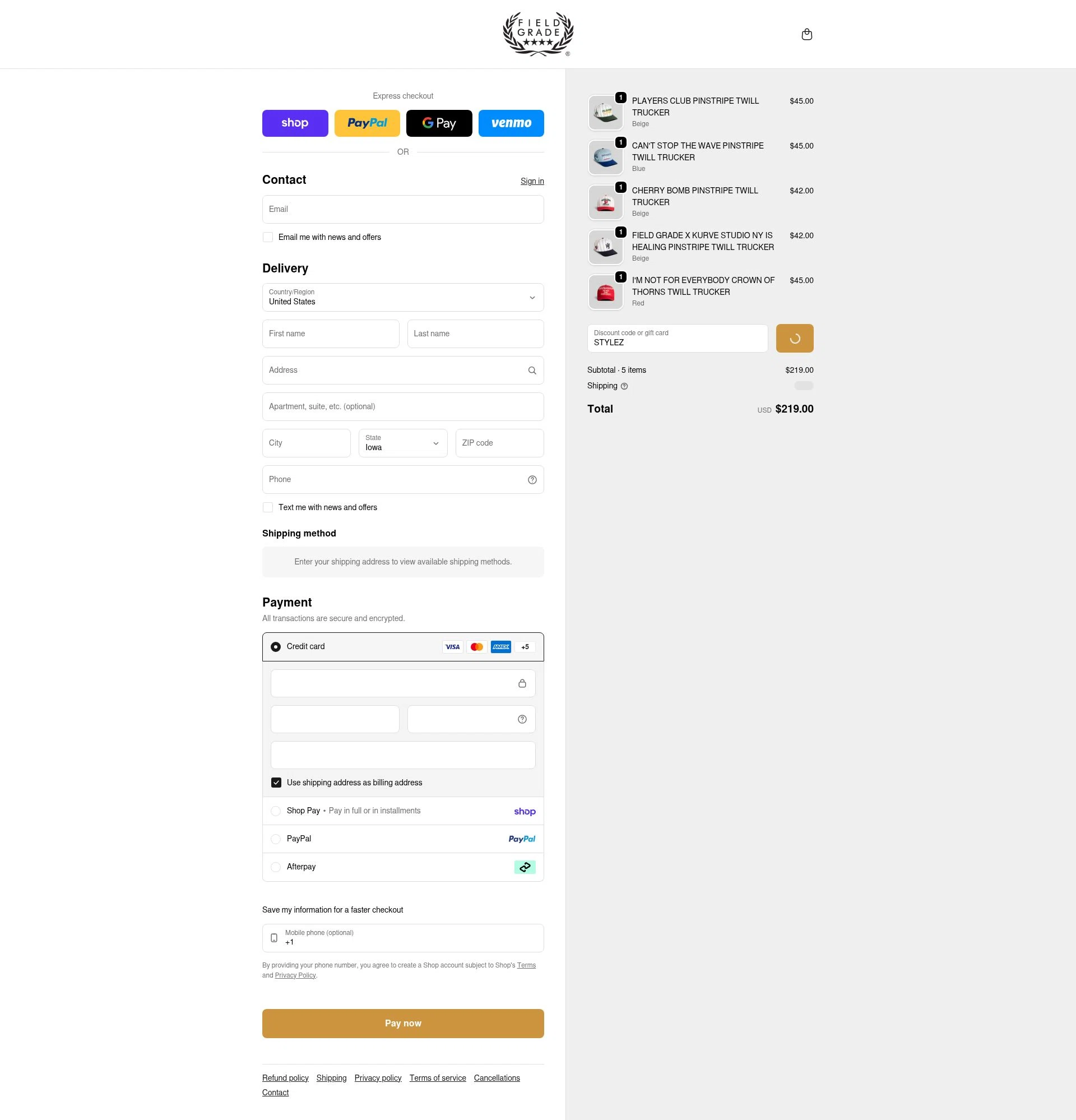 FIELD GRADE checkout page showing FIELD GRADE discount code box | Screenshot taken by SimplyCodes community member on Feb 21, 2026