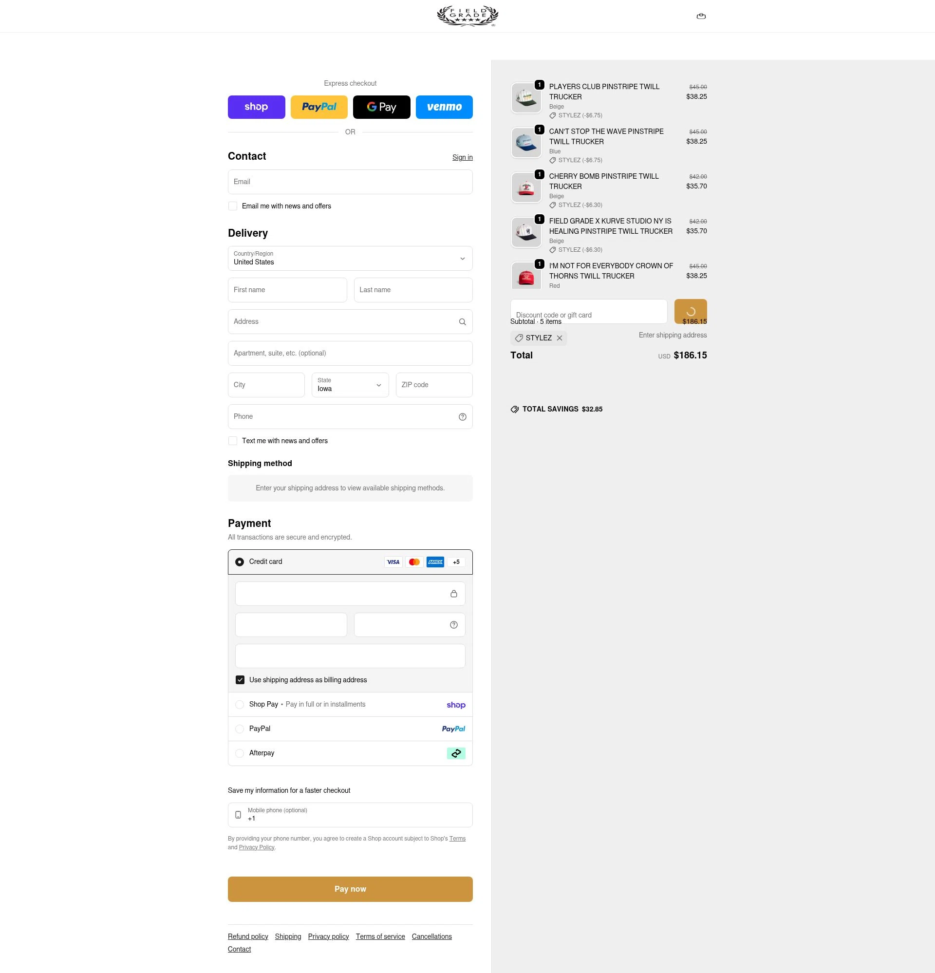 FIELD GRADE checkout page showing FIELD GRADE discount code box | Screenshot taken by SimplyCodes community member on Feb 16, 2026