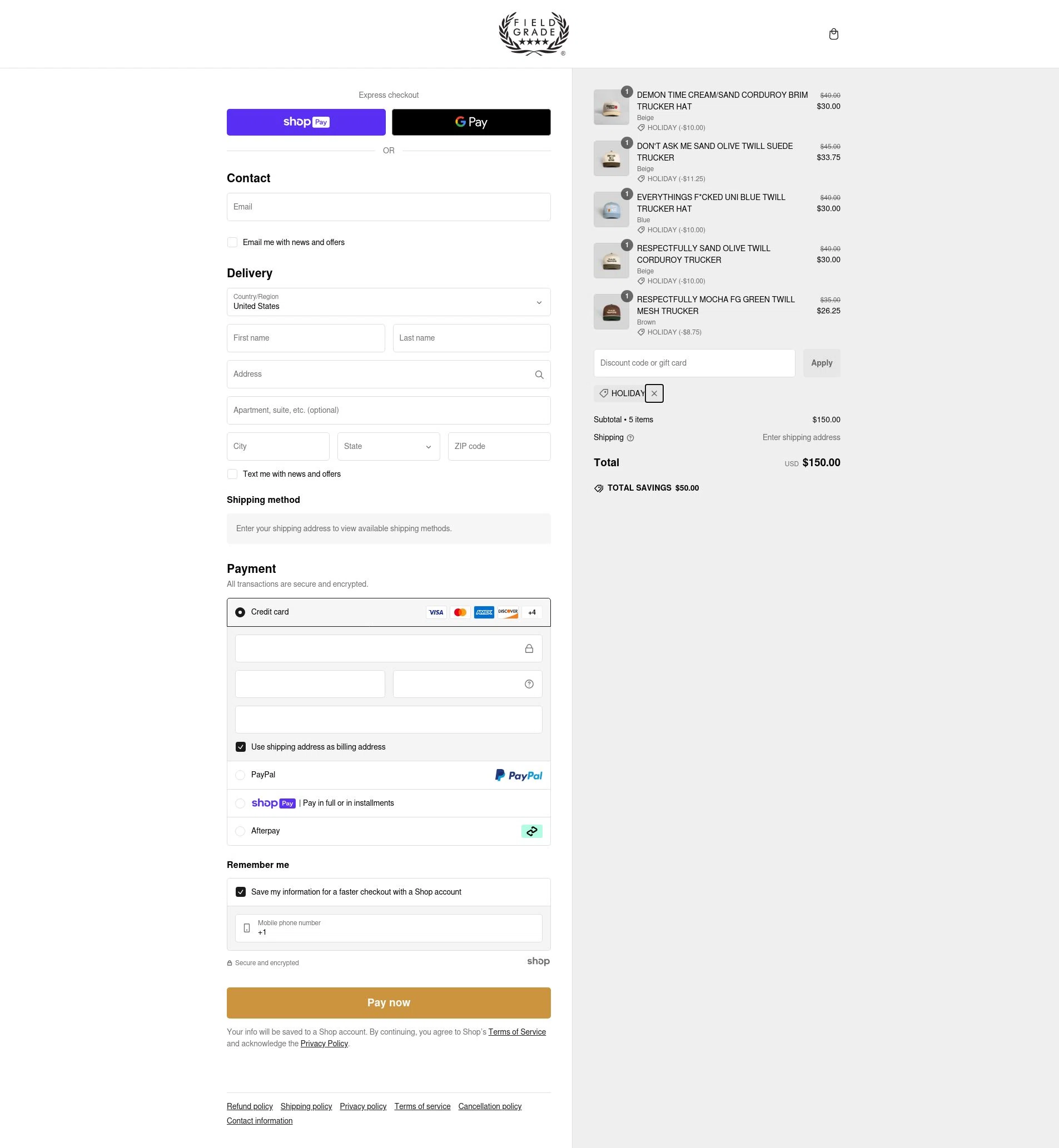 FIELD GRADE checkout page showing FIELD GRADE discount code box | Screenshot taken by SimplyCodes community member on Dec 25, 2024
