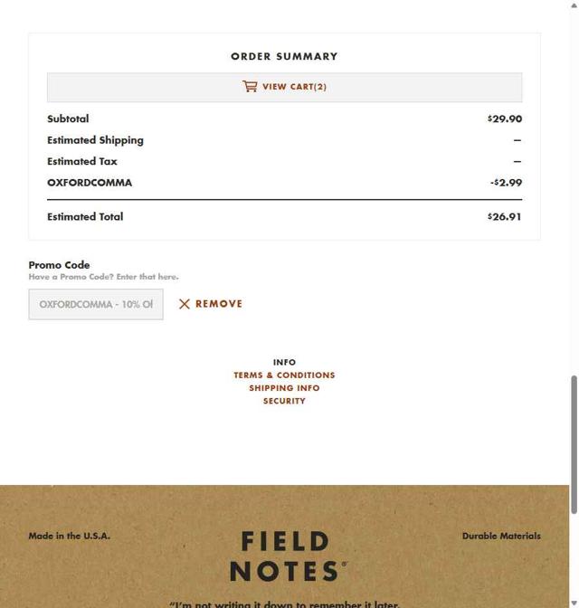 Field Notes checkout page showing Field Notes promo code box | Screenshot taken by SimplyCodes community member on Apr 1, 2025