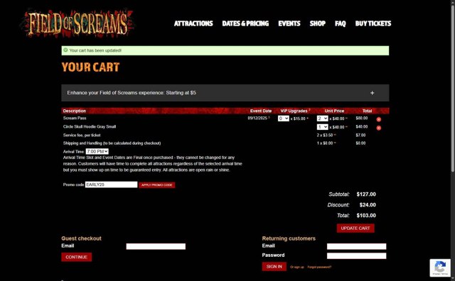 Field of Screams checkout page showing Field of Screams promo code box | Screenshot taken by SimplyCodes community member on Jul 28, 2025