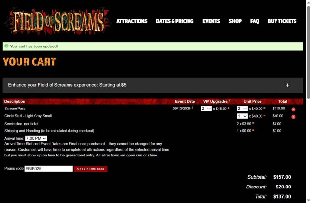Field of Screams checkout page showing Field of Screams promo code box | Screenshot taken by SimplyCodes community member on Aug 1, 2025