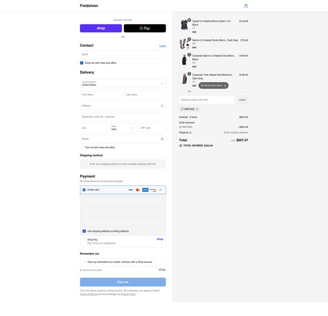 Fieldsheer checkout page showing Fieldsheer discount code box | Screenshot taken by SimplyCodes community member on Sep 2, 2025