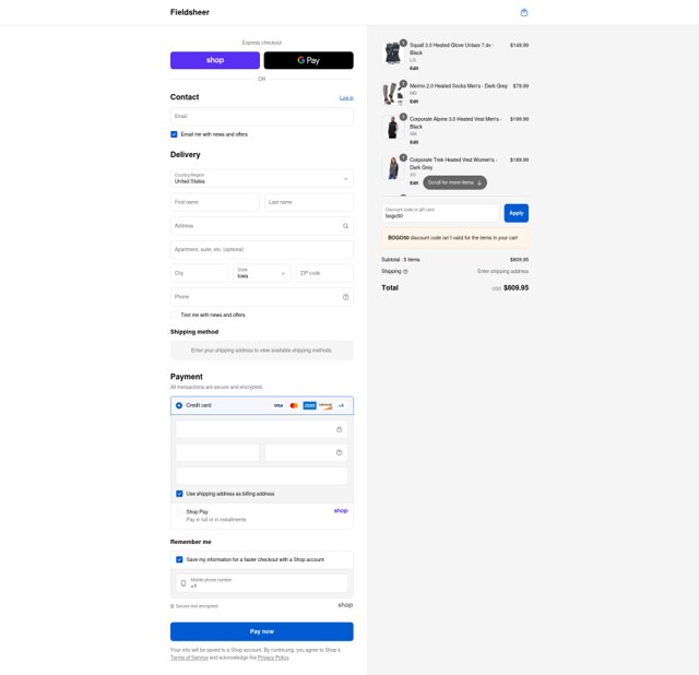 Fieldsheer checkout page showing Fieldsheer discount code box | Screenshot taken by SimplyCodes community member on Sep 2, 2025