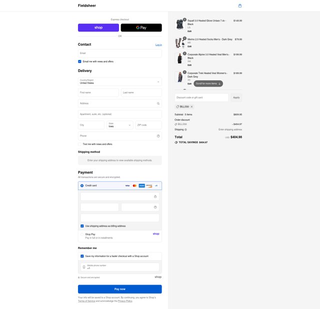 Fieldsheer checkout page showing Fieldsheer discount code box | Screenshot taken by SimplyCodes community member on Sep 2, 2025