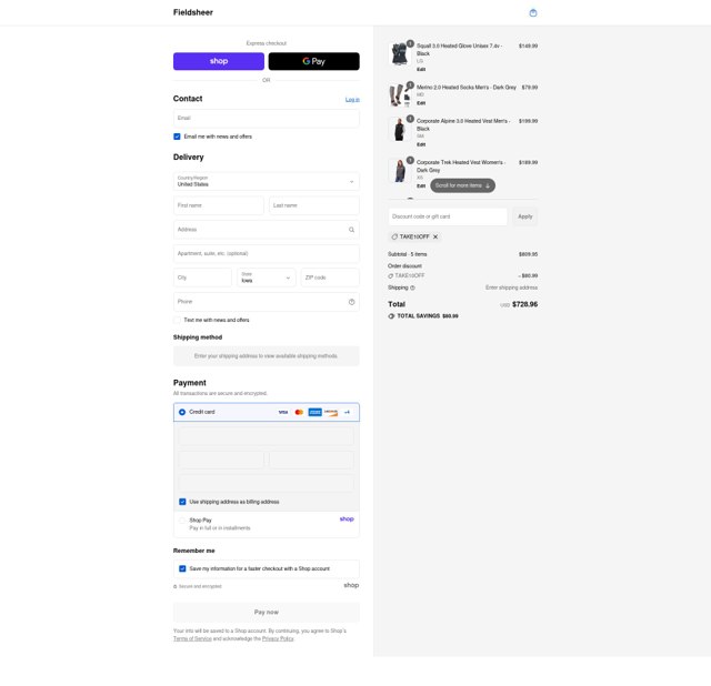 Fieldsheer checkout page showing Fieldsheer discount code box | Screenshot taken by SimplyCodes community member on Sep 2, 2025