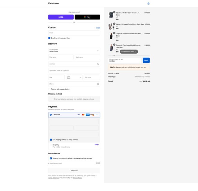 Fieldsheer checkout page showing Fieldsheer discount code box | Screenshot taken by SimplyCodes community member on Sep 2, 2025