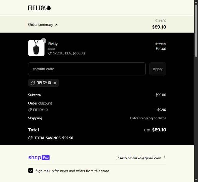 Fieldy checkout page showing Fieldy promo code box | Screenshot taken by SimplyCodes community member on Aug 23, 2025