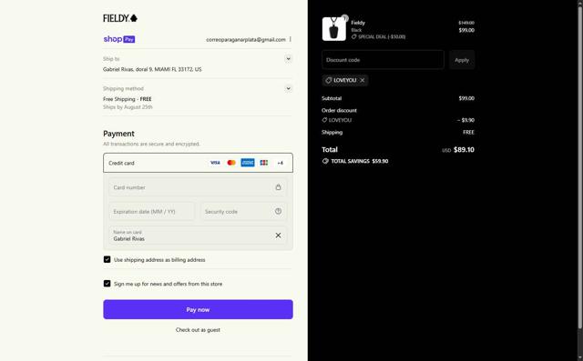 Fieldy checkout page showing Fieldy promo code box | Screenshot taken by SimplyCodes community member on Aug 23, 2025
