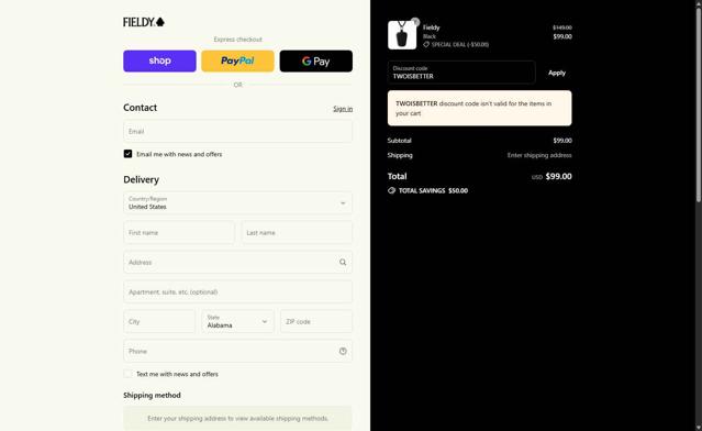 Fieldy checkout page showing Fieldy promo code box | Screenshot taken by SimplyCodes community member on Sep 12, 2025