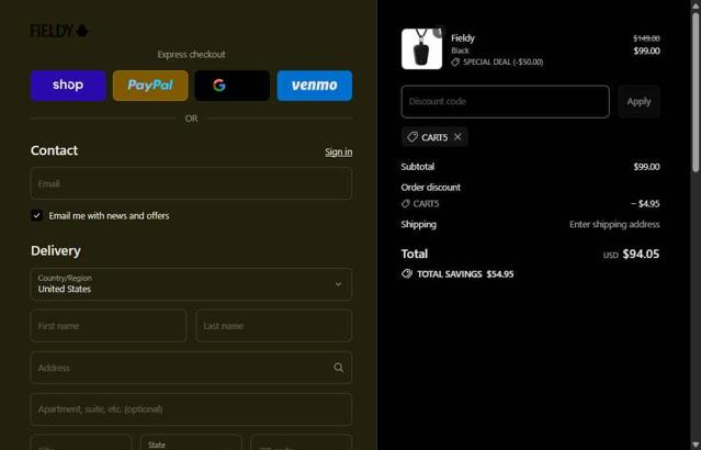 Fieldy checkout page showing Fieldy promo code box | Screenshot taken by SimplyCodes community member on Sep 10, 2025