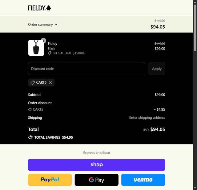 Fieldy checkout page showing Fieldy promo code box | Screenshot taken by SimplyCodes community member on Sep 10, 2025