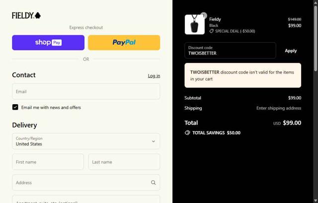 Fieldy checkout page showing Fieldy promo code box | Screenshot taken by SimplyCodes community member on Aug 27, 2025
