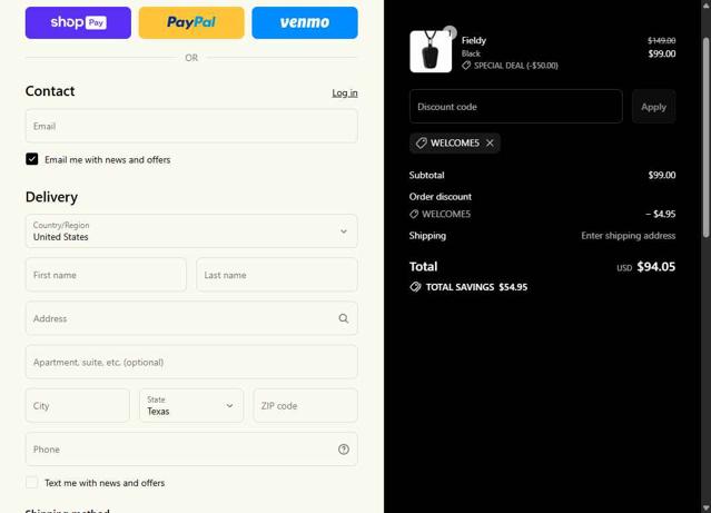 Fieldy checkout page showing Fieldy promo code box | Screenshot taken by SimplyCodes community member on Aug 23, 2025
