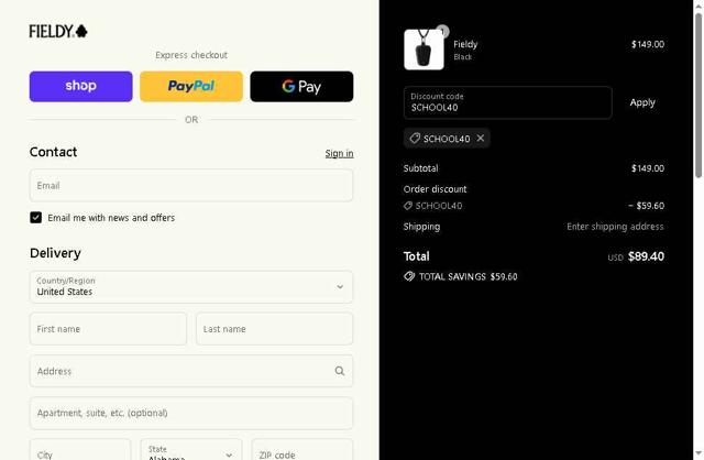 Fieldy checkout page showing Fieldy promo code box | Screenshot taken by SimplyCodes community member on Sep 10, 2025