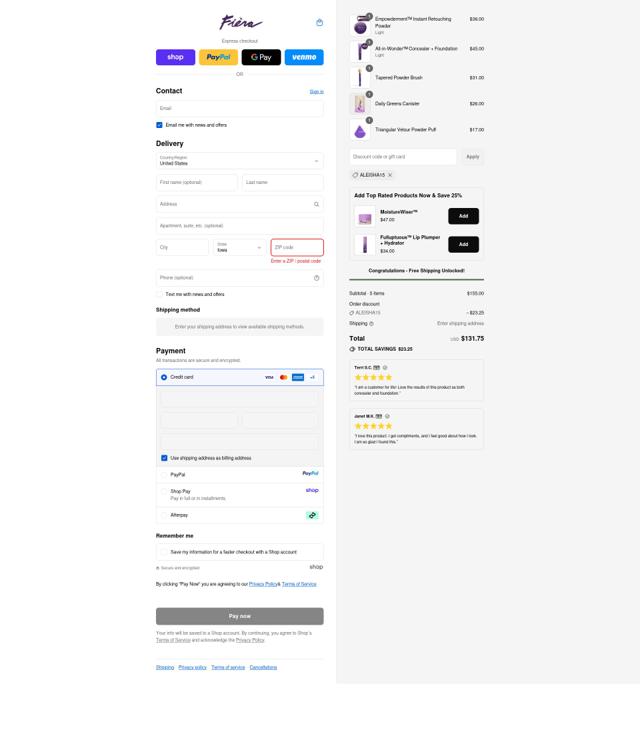 Fièra Cosmetics checkout page showing Fièra Cosmetics promo code box | Screenshot taken by SimplyCodes community member on Sep 12, 2025