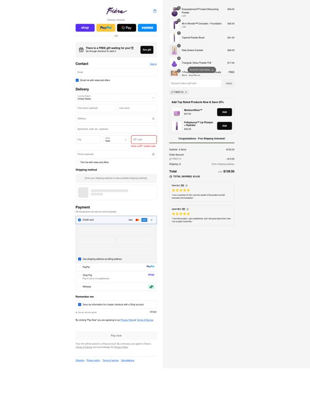 Fièra Cosmetics checkout page showing Fièra Cosmetics promo code box | Screenshot taken by SimplyCodes community member on Sep 12, 2025