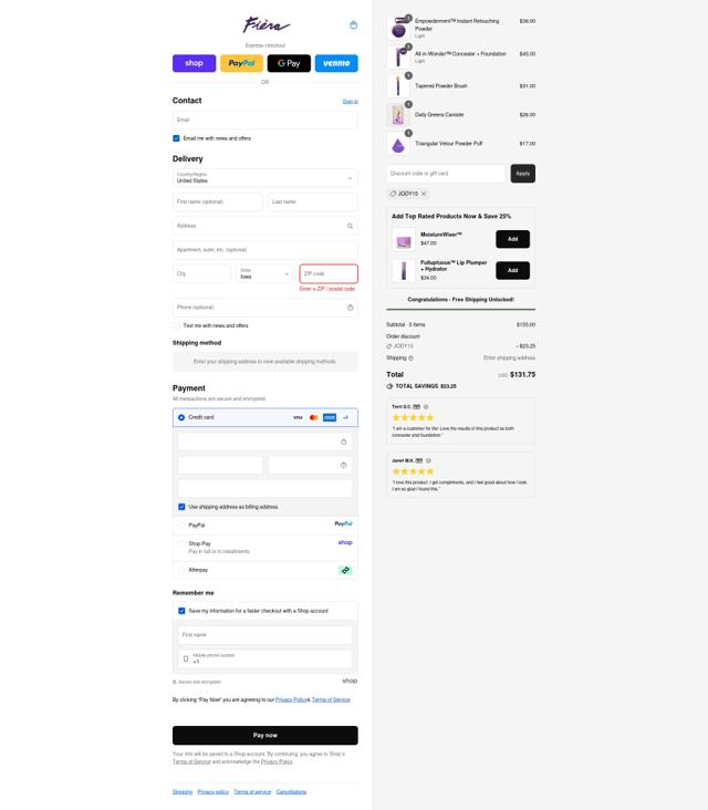 Fièra Cosmetics checkout page showing Fièra Cosmetics promo code box | Screenshot taken by SimplyCodes community member on Sep 12, 2025