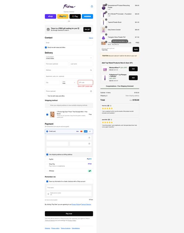 Fièra Cosmetics checkout page showing Fièra Cosmetics promo code box | Screenshot taken by SimplyCodes community member on Sep 12, 2025