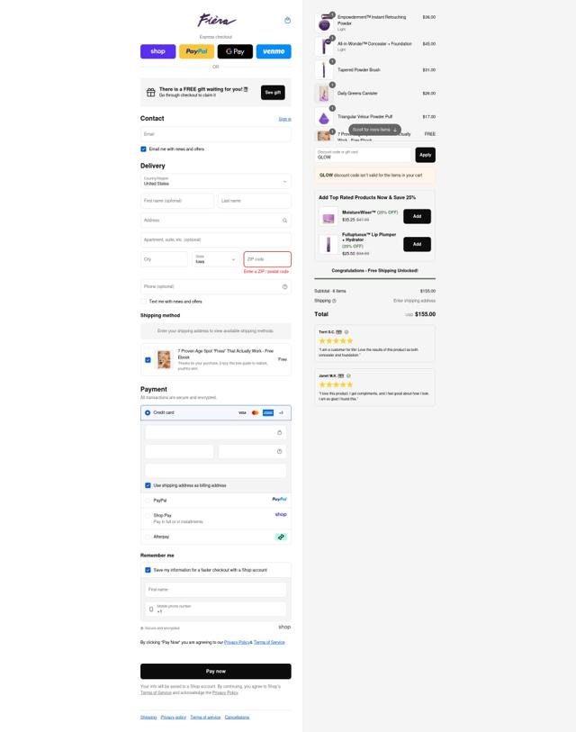Fièra Cosmetics checkout page showing Fièra Cosmetics promo code box | Screenshot taken by SimplyCodes community member on Sep 12, 2025
