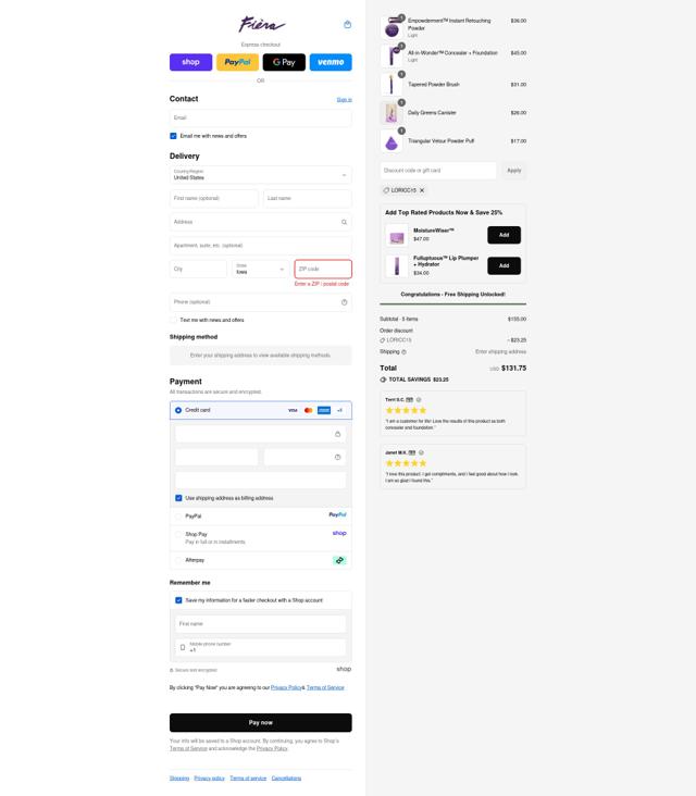 Fièra Cosmetics checkout page showing Fièra Cosmetics promo code box | Screenshot taken by SimplyCodes community member on Sep 12, 2025
