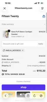 Fifteen Twenty coupon verification screenshot