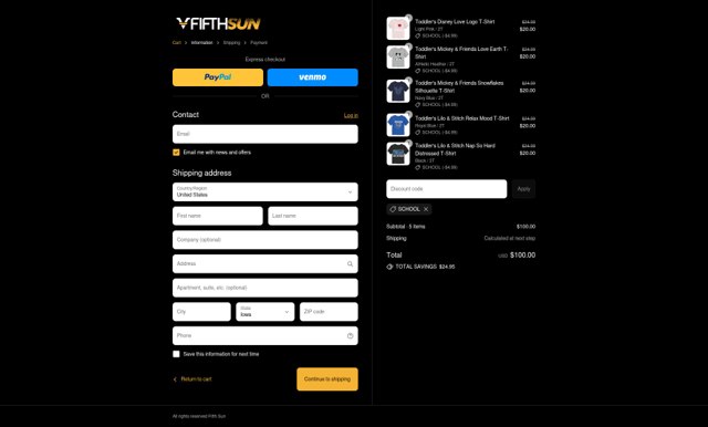Fifth Sun checkout page showing Fifth Sun promo code box | Screenshot taken by SimplyCodes community member on Aug 9, 2025