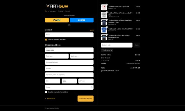 Fifth Sun checkout page showing Fifth Sun promo code box | Screenshot taken by SimplyCodes community member on Aug 6, 2025