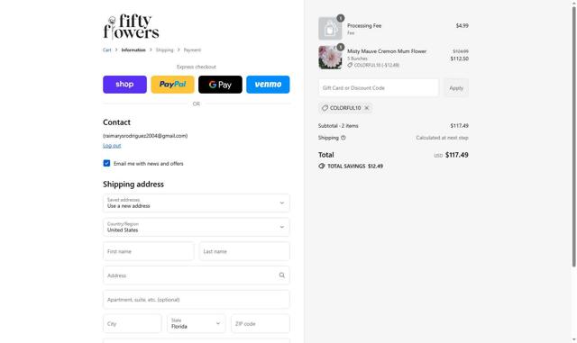 FiftyFlowers checkout page showing FiftyFlowers discount code box | Screenshot taken by SimplyCodes community member on Sep 4, 2025