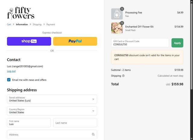 FiftyFlowers checkout page showing FiftyFlowers discount code box | Screenshot taken by SimplyCodes community member on Jul 30, 2025