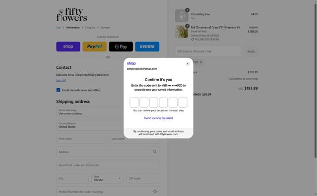 FiftyFlowers checkout page showing FiftyFlowers discount code box | Screenshot taken by SimplyCodes community member on Sep 2, 2025