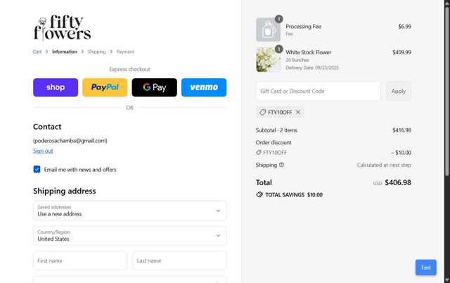 FiftyFlowers checkout page showing FiftyFlowers discount code box | Screenshot taken by SimplyCodes community member on Sep 10, 2025