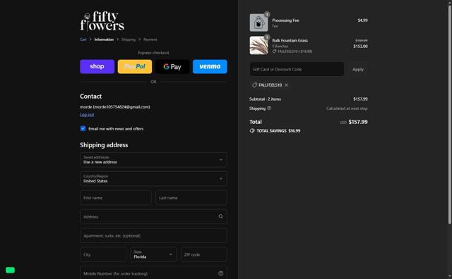 FiftyFlowers checkout page showing FiftyFlowers discount code box | Screenshot taken by SimplyCodes community member on Sep 2, 2025