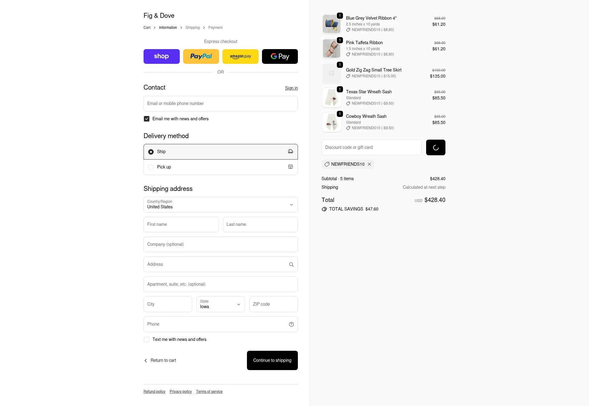 Fig & Dove checkout page showing Fig & Dove promo code box | Screenshot taken by SimplyCodes community member on Dec 29, 2025