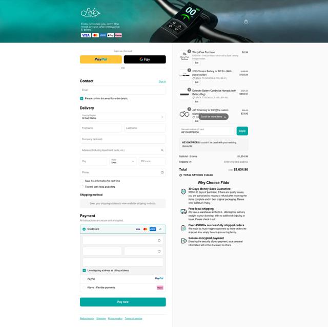 Fiido checkout page showing Fiido discount code box | Screenshot taken by SimplyCodes community member on Sep 14, 2025