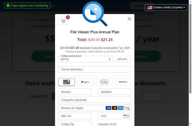 File Viewer Plus checkout page showing File Viewer Plus coupon code box | Screenshot taken by SimplyCodes community member on Jul 7, 2025