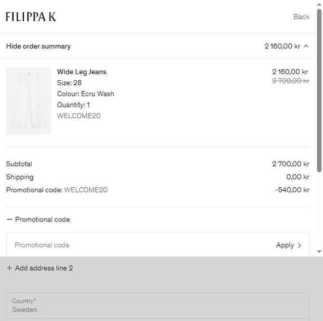 Filippa K checkout page showing Filippa K discount code box | Screenshot taken by SimplyCodes community member on May 29, 2025