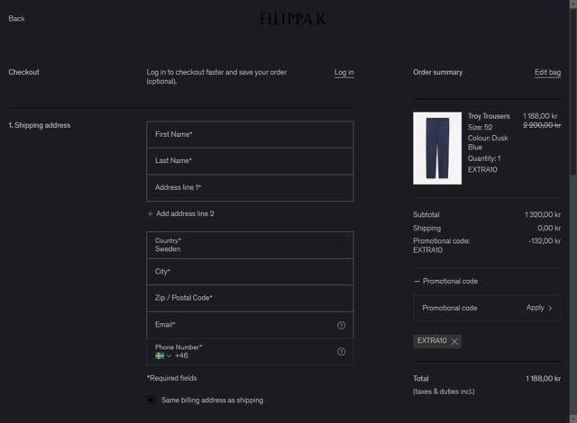 Filippa K checkout page showing Filippa K discount code box | Screenshot taken by SimplyCodes community member on Jul 27, 2025