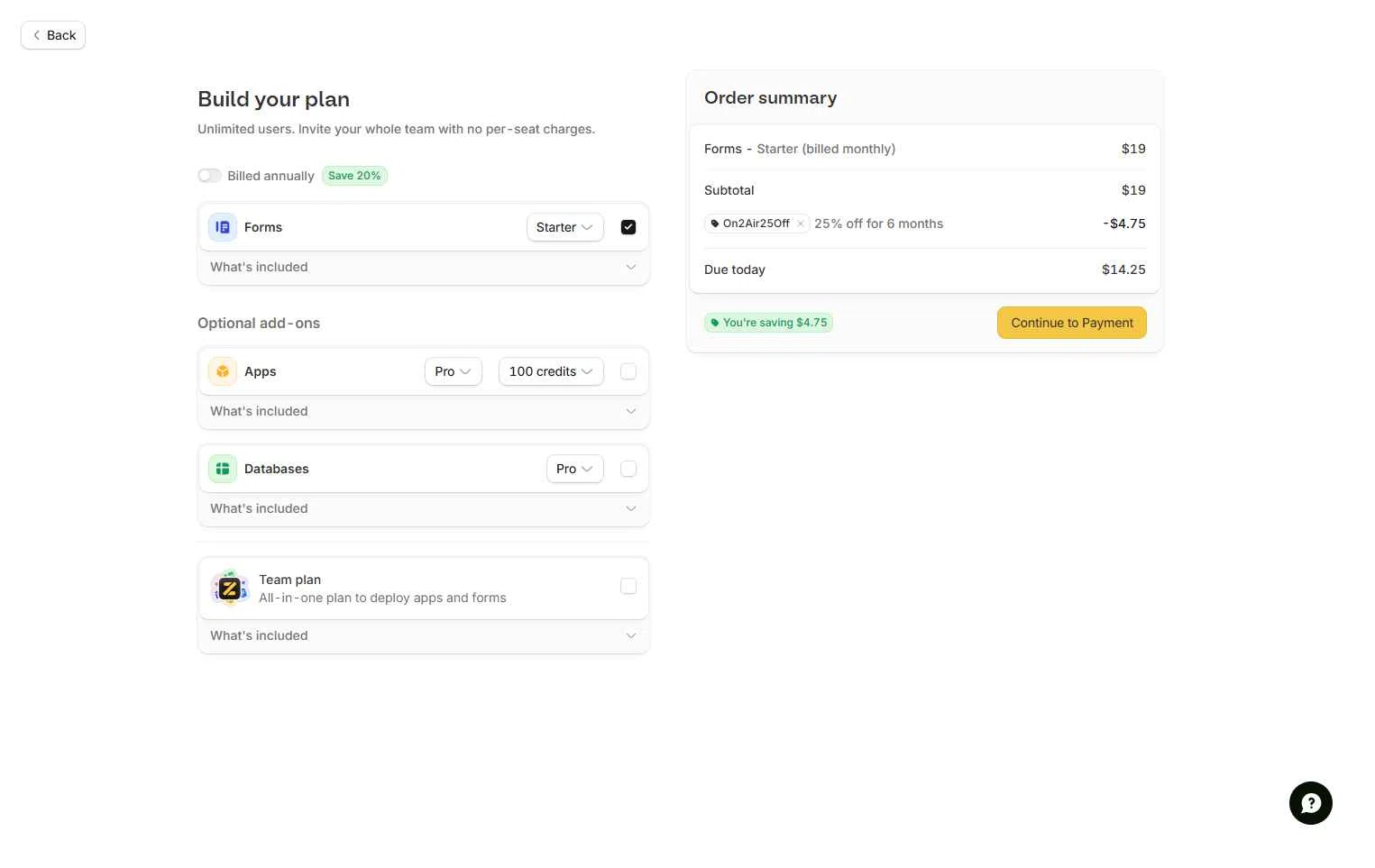 Fillout checkout page showing Fillout promo code box | Screenshot taken by SimplyCodes community member on Dec 10, 2025