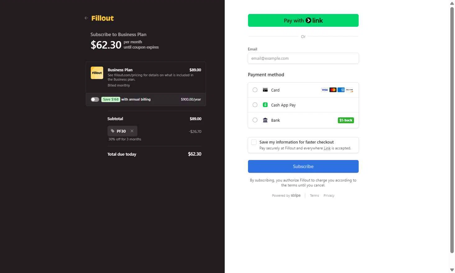 Fillout checkout page showing Fillout promo code box | Screenshot taken by SimplyCodes community member on Aug 26, 2025