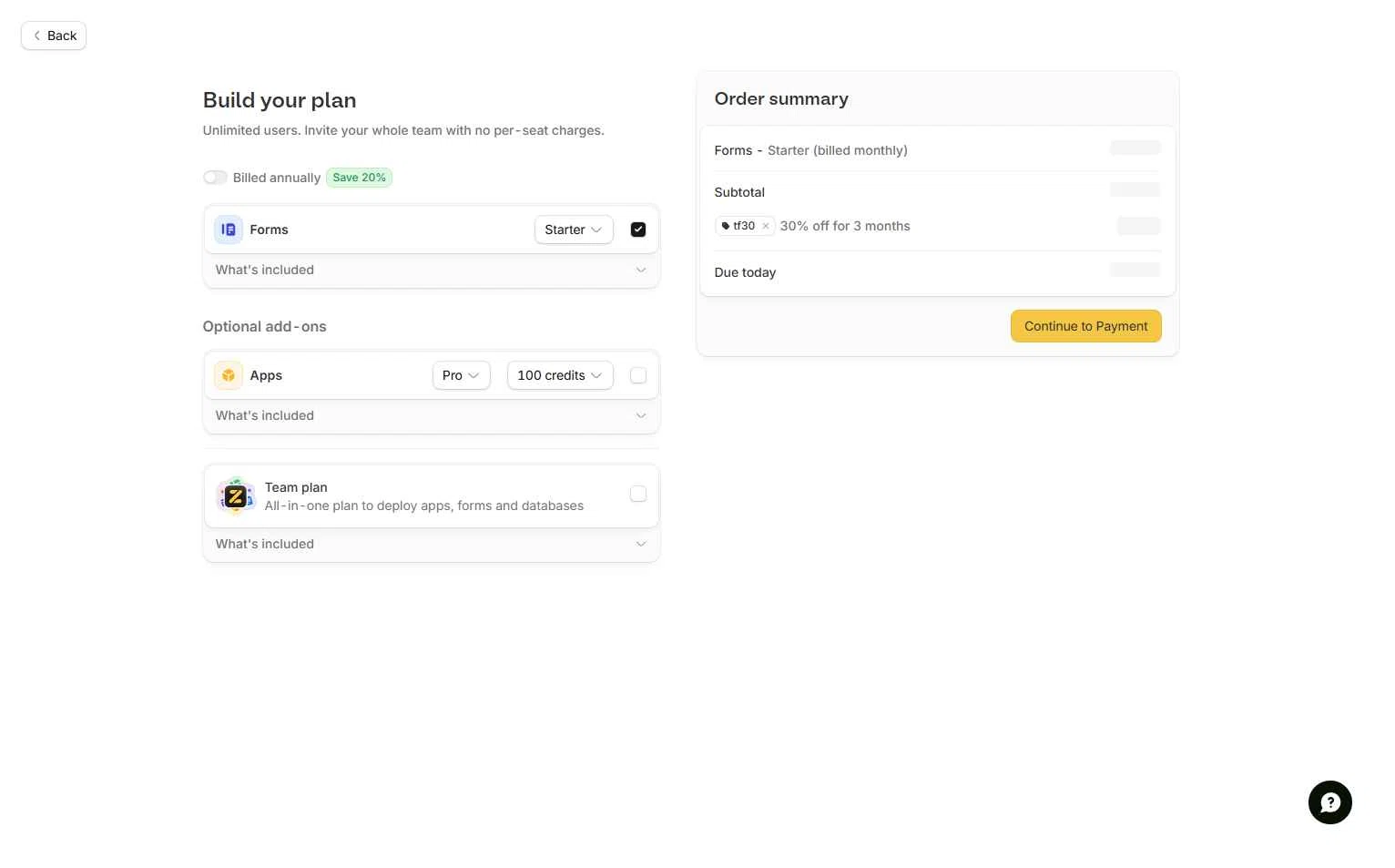 Fillout checkout page showing Fillout promo code box | Screenshot taken by SimplyCodes community member on Feb 11, 2026