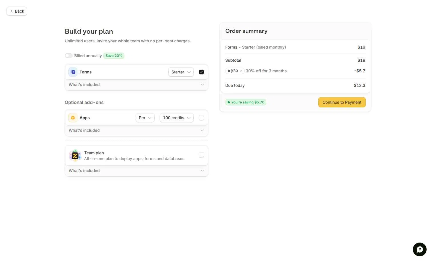 Fillout checkout page showing Fillout promo code box | Screenshot taken by SimplyCodes community member on Feb 12, 2026