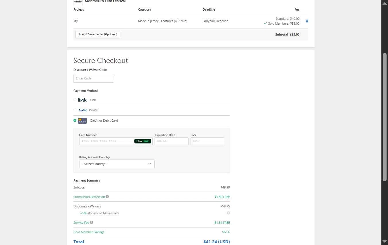 FilmFreeway checkout page showing FilmFreeway discount code box | Screenshot taken by SimplyCodes community member on Jan 25, 2026