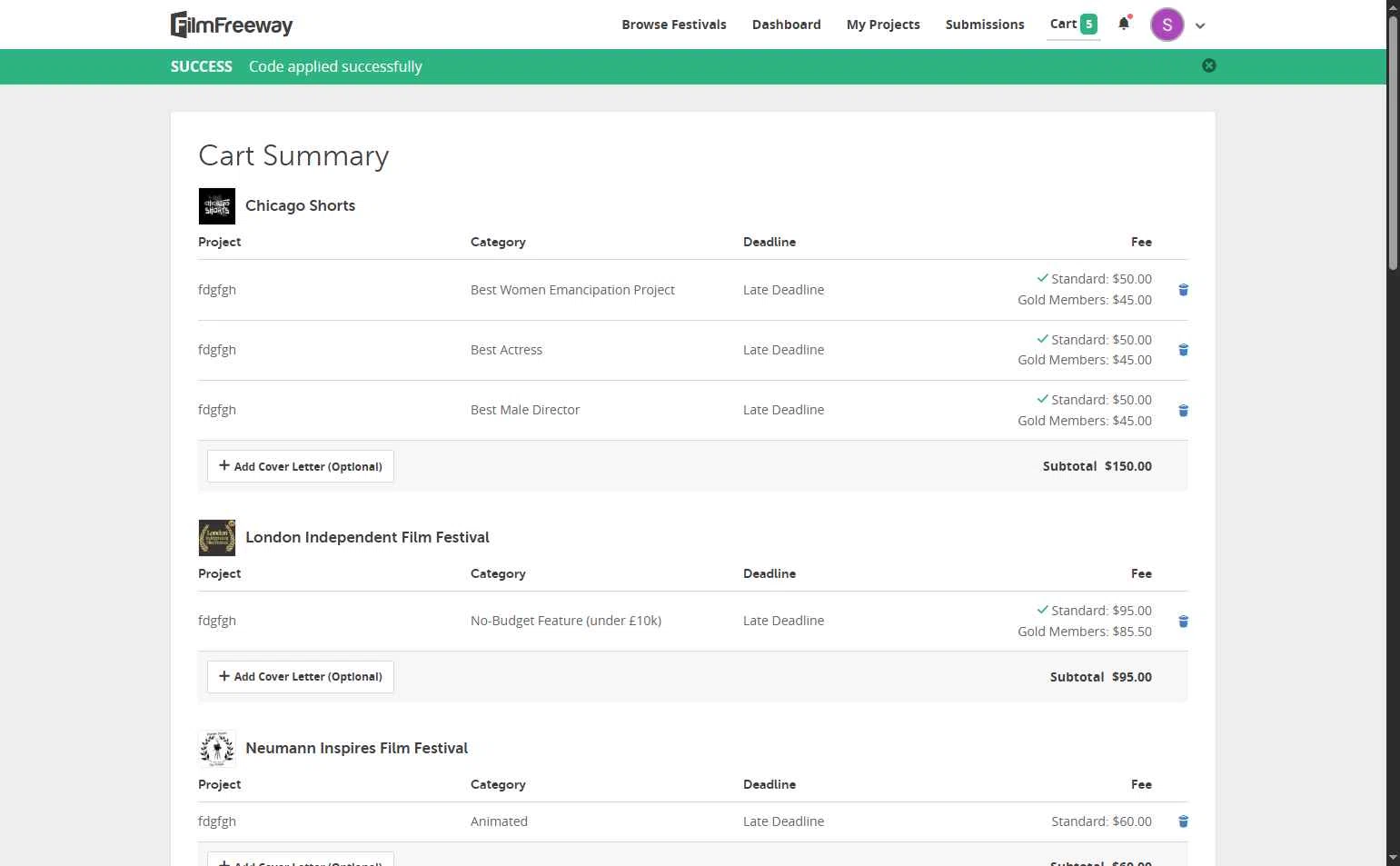 FilmFreeway checkout page showing FilmFreeway discount code box | Screenshot taken by SimplyCodes community member on Jan 13, 2026