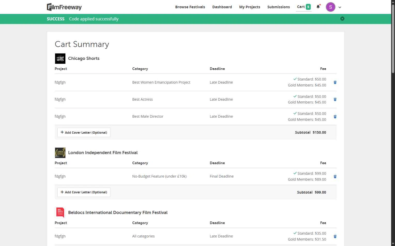 FilmFreeway checkout page showing FilmFreeway discount code box | Screenshot taken by SimplyCodes community member on Jan 19, 2026