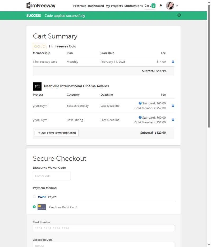 FilmFreeway checkout page showing FilmFreeway discount code box | Screenshot taken by SimplyCodes community member on Feb 11, 2026