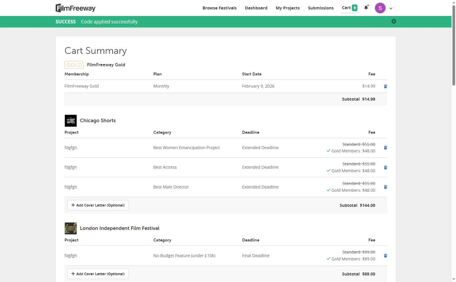 FilmFreeway checkout page showing FilmFreeway discount code box | Screenshot taken by SimplyCodes community member on Feb 9, 2026