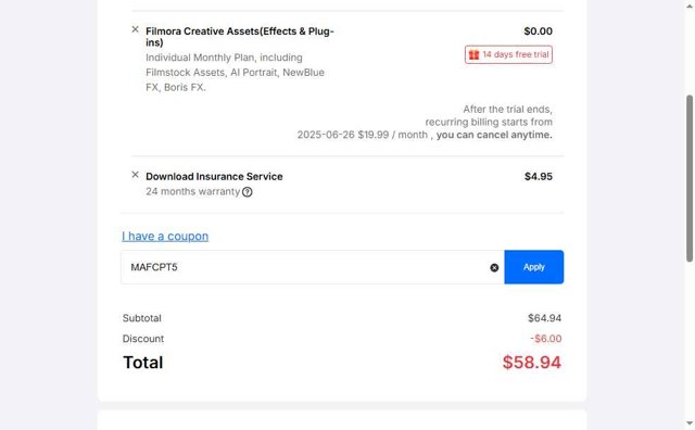 Filmora checkout page showing Filmora discount code box | Screenshot taken by SimplyCodes community member on Jun 12, 2025