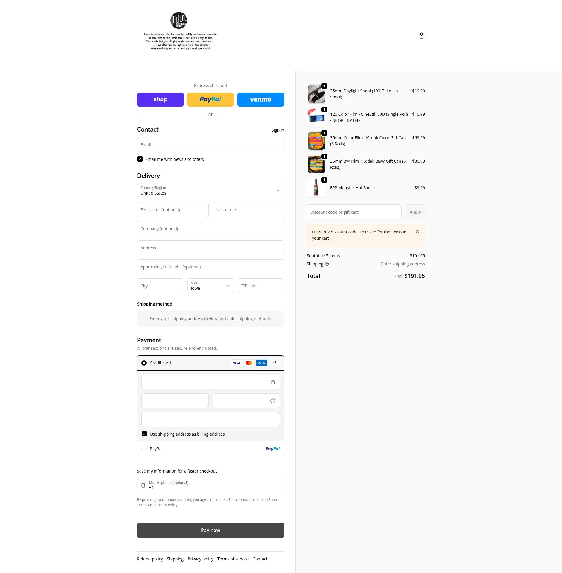 Film Photography Project checkout page showing Film Photography Project discount code box | Screenshot taken by SimplyCodes community member on Jan 31, 2026